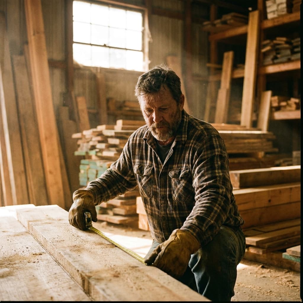 A member of the Norfeld yard crew measuring lumber